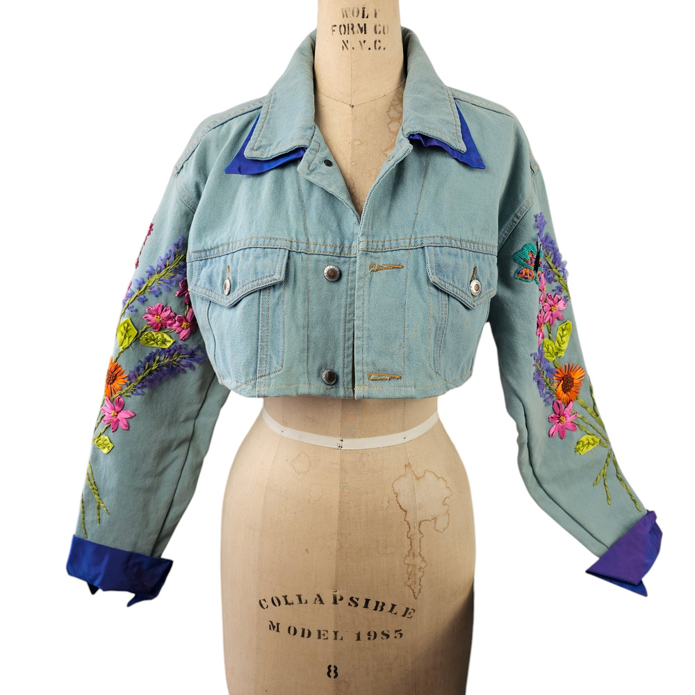 Jacket Upcycled blue green denim ribbon embroidered floral cropped Small